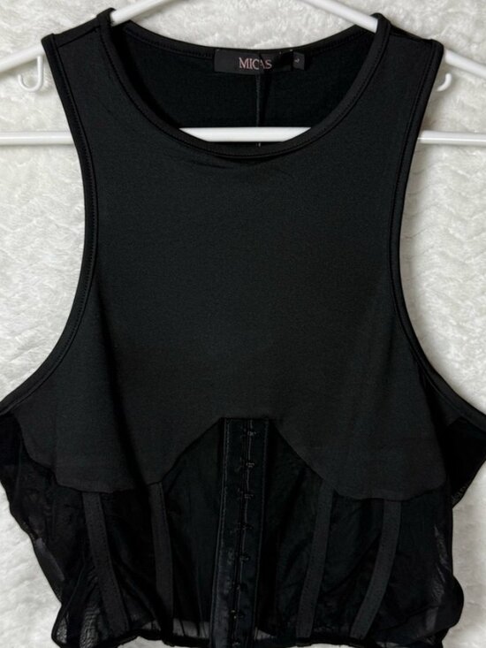 Tops - Black Corset-Front Crop Tank